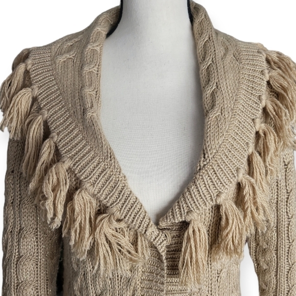 Chico's Tan Gold Thread Fringed Shawl Cardigan Sweater Size XS/2 - Picture 7 of 8